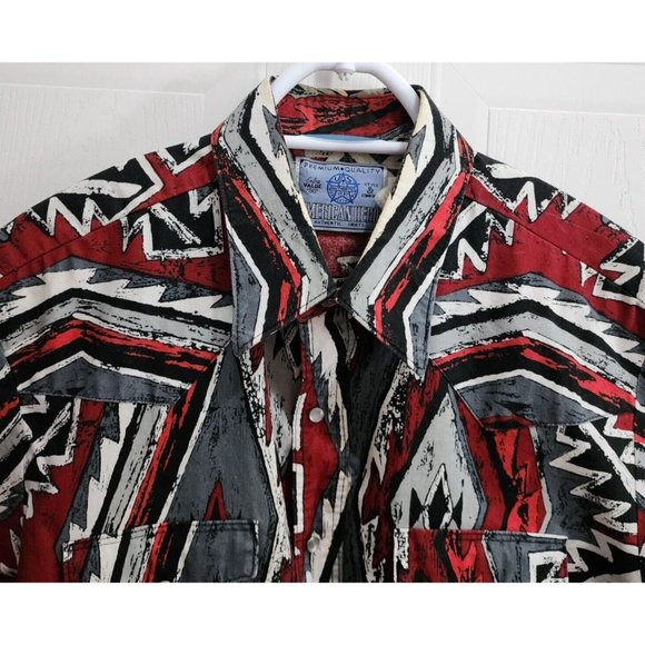 Vintage American Hero Short Sleeve Aztec Southwestern Pearl Snap Shirt Size L - Picture 2 of 12